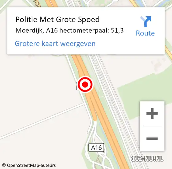 Locatie op kaart van de 112 melding: Politie Met Grote Spoed Naar Moerdijk, A16 hectometerpaal: 51,3 op 4 november 2021 07:00