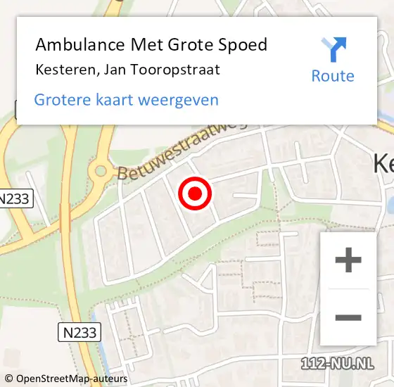 Locatie op kaart van de 112 melding: Ambulance Met Grote Spoed Naar Kesteren, Jan Tooropstraat op 4 november 2021 08:49