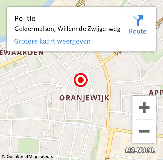 Locatie op kaart van de 112 melding: Politie Geldermalsen, Willem de Zwijgerweg op 4 november 2021 10:21