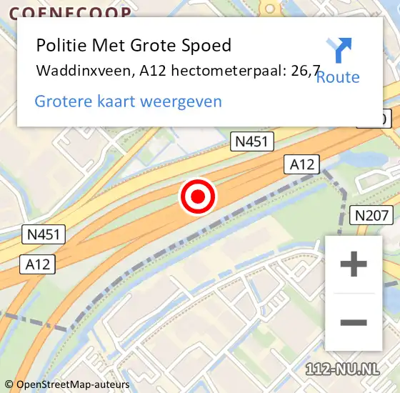 Locatie op kaart van de 112 melding: Politie Met Grote Spoed Naar Waddinxveen, A12 hectometerpaal: 26,7 op 4 november 2021 12:26