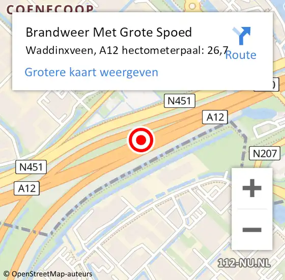 Locatie op kaart van de 112 melding: Brandweer Met Grote Spoed Naar Waddinxveen, A12 hectometerpaal: 26,7 op 4 november 2021 12:26