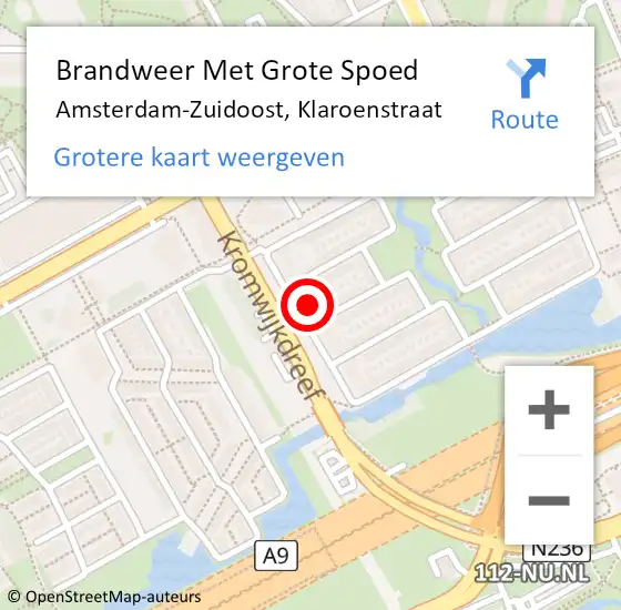 Locatie op kaart van de 112 melding: Brandweer Met Grote Spoed Naar Amsterdam-Zuidoost, Klaroenstraat op 4 november 2021 12:46