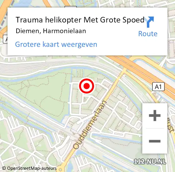 Locatie op kaart van de 112 melding: Trauma helikopter Met Grote Spoed Naar Diemen, Harmonielaan op 4 november 2021 15:14