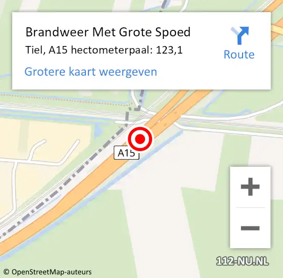 Locatie op kaart van de 112 melding: Brandweer Met Grote Spoed Naar Tiel, A15 hectometerpaal: 123,1 op 4 november 2021 17:32