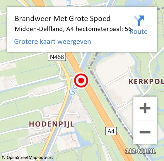 Locatie op kaart van de 112 melding: Brandweer Met Grote Spoed Naar Midden-Delfland, A4 hectometerpaal: 56 op 4 november 2021 18:41