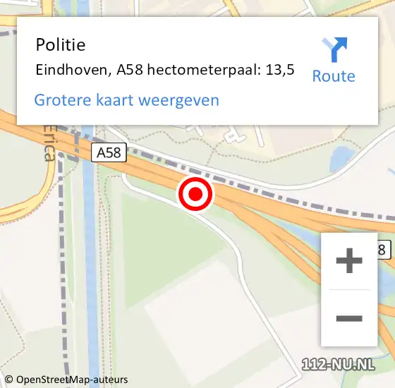 Locatie op kaart van de 112 melding: Politie Eindhoven, A58 hectometerpaal: 13,5 op 4 november 2021 20:02