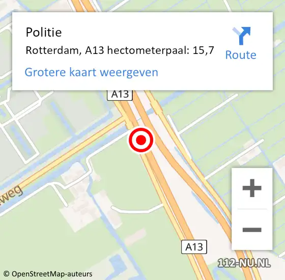 Locatie op kaart van de 112 melding: Politie Rotterdam, A13 hectometerpaal: 15,7 op 4 november 2021 21:21