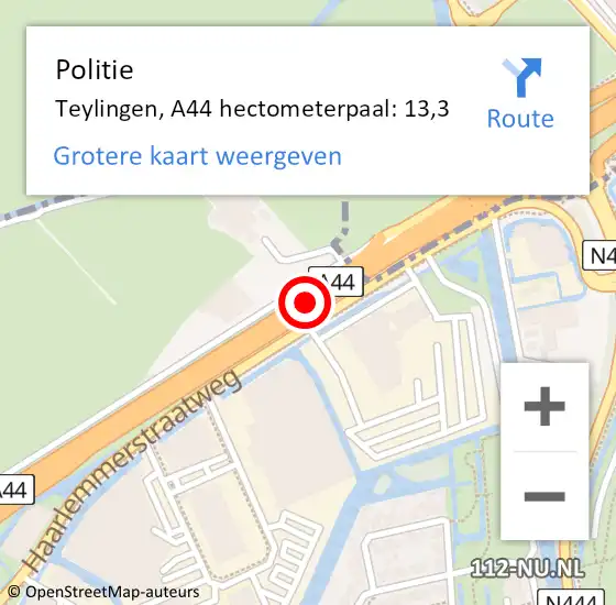 Locatie op kaart van de 112 melding: Politie Teylingen, A44 hectometerpaal: 13,3 op 4 november 2021 21:26