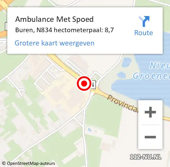 Locatie op kaart van de 112 melding: Ambulance Met Spoed Naar Buren, N834 hectometerpaal: 8,7 op 4 november 2021 23:25