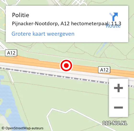 Locatie op kaart van de 112 melding: Politie Pijnacker-Nootdorp, A12 hectometerpaal: 11,3 op 5 november 2021 01:40
