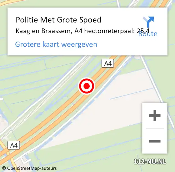 Locatie op kaart van de 112 melding: Politie Met Grote Spoed Naar Kaag en Braassem, A4 hectometerpaal: 25,4 op 5 november 2021 05:53