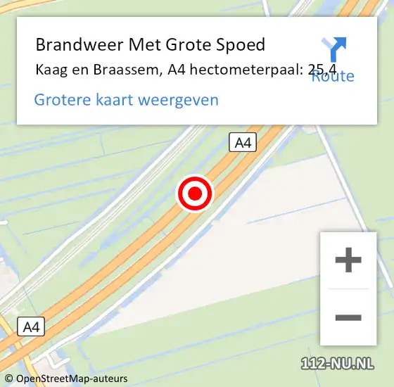 Locatie op kaart van de 112 melding: Brandweer Met Grote Spoed Naar Kaag en Braassem, A4 hectometerpaal: 25,4 op 5 november 2021 05:54