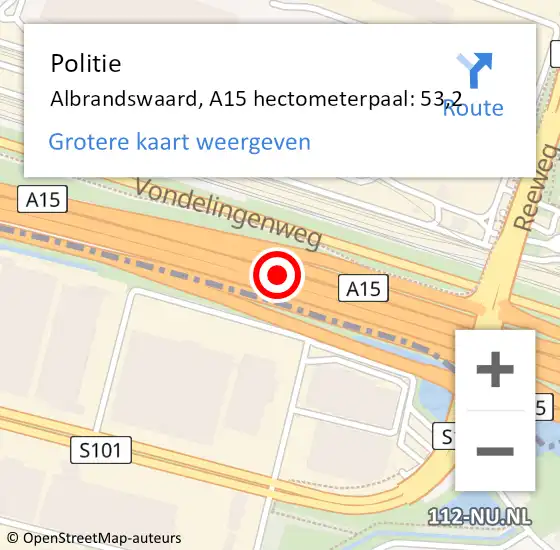 Locatie op kaart van de 112 melding: Politie Albrandswaard, A15 hectometerpaal: 53,2 op 5 november 2021 05:59