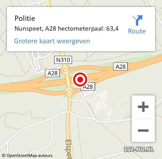 Locatie op kaart van de 112 melding: Politie Nunspeet, A28 hectometerpaal: 63,4 op 5 november 2021 10:47