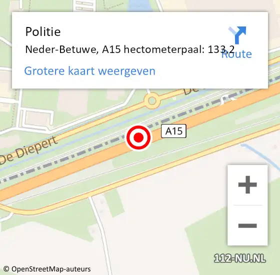 Locatie op kaart van de 112 melding: Politie Neder-Betuwe, A15 hectometerpaal: 133,2 op 5 november 2021 11:23
