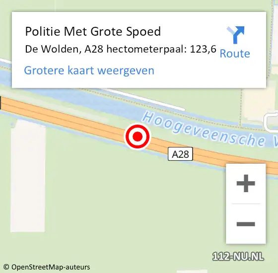 Locatie op kaart van de 112 melding: Politie Met Grote Spoed Naar De Wolden, A28 hectometerpaal: 123,6 op 5 november 2021 15:06