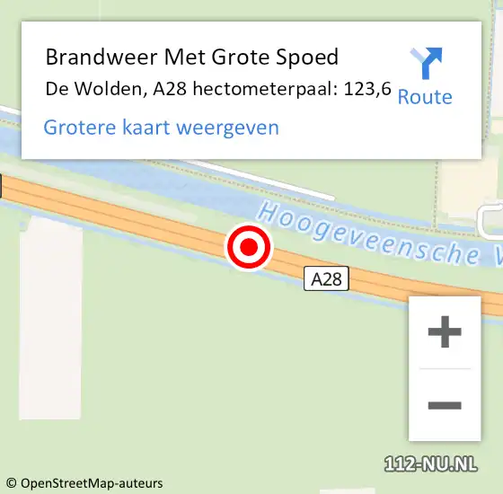 Locatie op kaart van de 112 melding: Brandweer Met Grote Spoed Naar De Wolden, A28 hectometerpaal: 123,6 op 5 november 2021 15:08