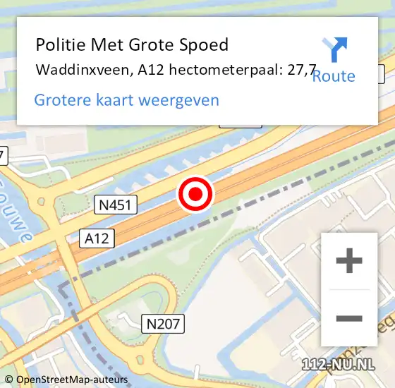 Locatie op kaart van de 112 melding: Politie Met Grote Spoed Naar Waddinxveen, A12 hectometerpaal: 27,7 op 5 november 2021 15:10