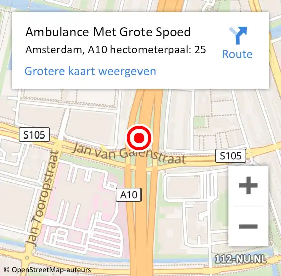 Locatie op kaart van de 112 melding: Ambulance Met Grote Spoed Naar Amsterdam, A10 hectometerpaal: 25 op 5 november 2021 16:11