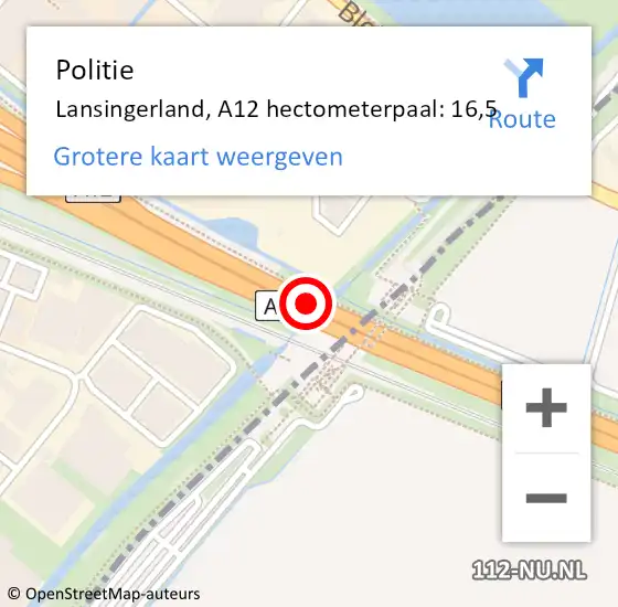 Locatie op kaart van de 112 melding: Politie Lansingerland, A12 hectometerpaal: 16,5 op 5 november 2021 18:02