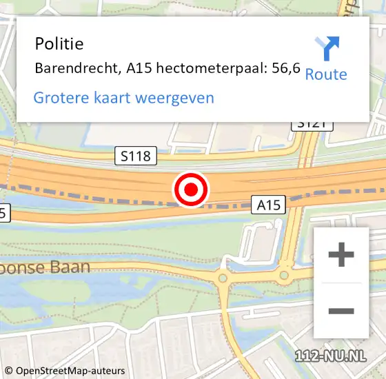 Locatie op kaart van de 112 melding: Politie Barendrecht, A15 hectometerpaal: 56,6 op 5 november 2021 18:11