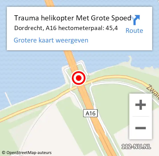 Locatie op kaart van de 112 melding: Trauma helikopter Met Grote Spoed Naar Dordrecht, A16 hectometerpaal: 45,4 op 5 november 2021 18:18