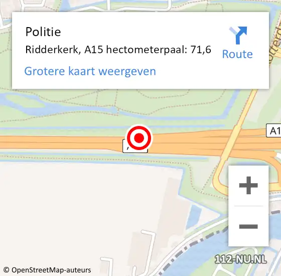 Locatie op kaart van de 112 melding: Politie Ridderkerk, A15 hectometerpaal: 71,6 op 5 november 2021 18:19