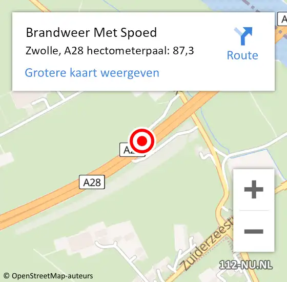 Locatie op kaart van de 112 melding: Brandweer Met Spoed Naar Zwolle, A28 hectometerpaal: 87,3 op 5 november 2021 21:39