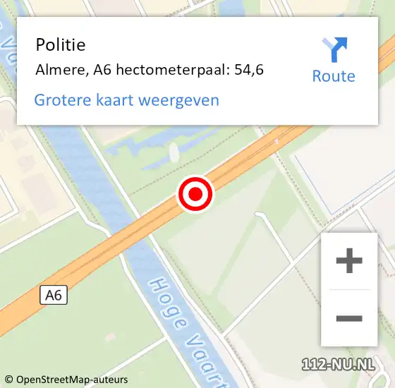 Locatie op kaart van de 112 melding: Politie Almere, A6 hectometerpaal: 54,6 op 6 november 2021 07:38