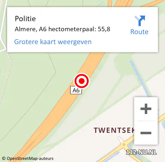 Locatie op kaart van de 112 melding: Politie Almere, A6 hectometerpaal: 55,8 op 6 november 2021 07:41