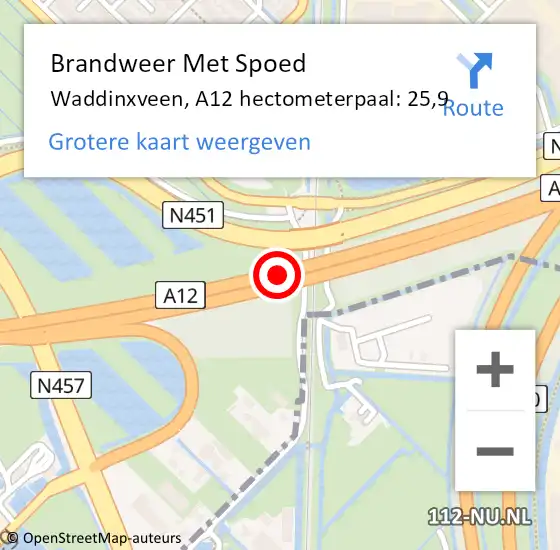 Locatie op kaart van de 112 melding: Brandweer Met Spoed Naar Waddinxveen, A12 hectometerpaal: 25,9 op 6 november 2021 10:07