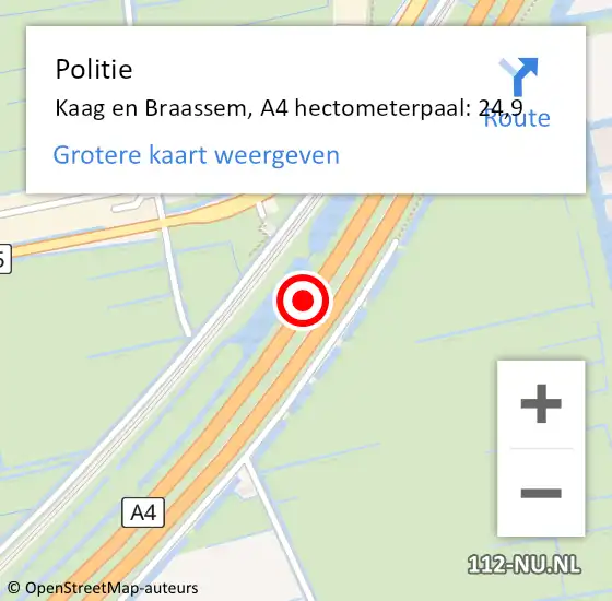 Locatie op kaart van de 112 melding: Politie Kaag en Braassem, A4 hectometerpaal: 24,9 op 6 november 2021 12:05