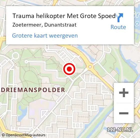 Locatie op kaart van de 112 melding: Trauma helikopter Met Grote Spoed Naar Zoetermeer, Dunantstraat op 6 november 2021 14:15