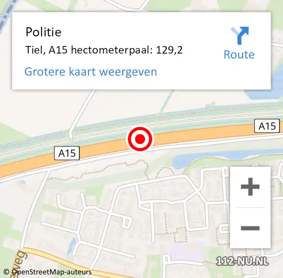 Locatie op kaart van de 112 melding: Politie Tiel, A15 hectometerpaal: 129,2 op 6 november 2021 15:19