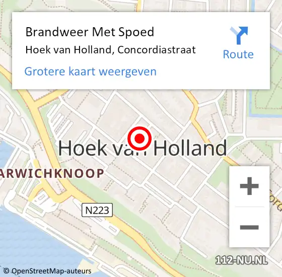 Locatie op kaart van de 112 melding: Brandweer Met Spoed Naar Hoek van Holland, Concordiastraat op 6 november 2021 16:35