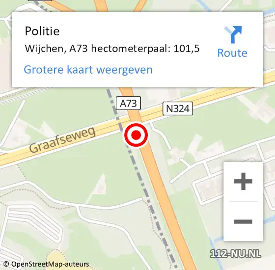Locatie op kaart van de 112 melding: Politie Wijchen, A73 hectometerpaal: 101,5 op 6 november 2021 18:32