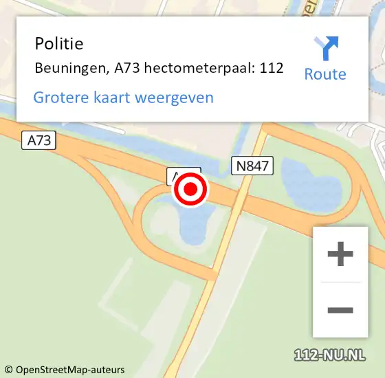 Locatie op kaart van de 112 melding: Politie Beuningen, A73 hectometerpaal: 112 op 6 november 2021 18:34