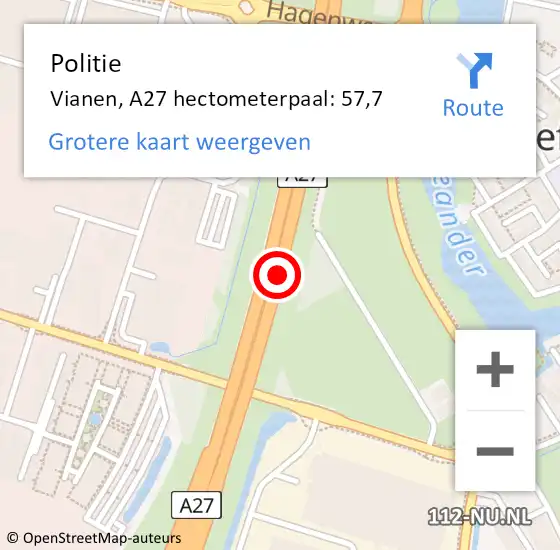 Locatie op kaart van de 112 melding: Politie Vianen, A27 hectometerpaal: 57,7 op 7 november 2021 08:47