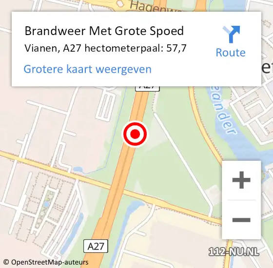 Locatie op kaart van de 112 melding: Brandweer Met Grote Spoed Naar Vianen, A27 hectometerpaal: 57,7 op 7 november 2021 08:49