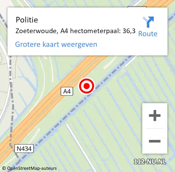 Locatie op kaart van de 112 melding: Politie Zoeterwoude, A4 hectometerpaal: 36,3 op 7 november 2021 13:17