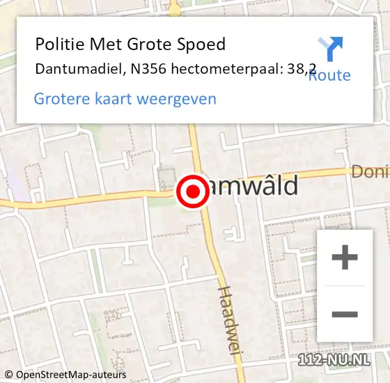 Locatie op kaart van de 112 melding: Politie Met Grote Spoed Naar Dantumadiel, N356 hectometerpaal: 38,2 op 7 november 2021 13:38