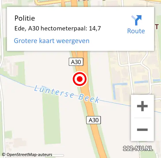 Locatie op kaart van de 112 melding: Politie Ede, A30 hectometerpaal: 14,7 op 7 november 2021 13:48