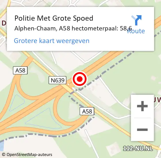 Locatie op kaart van de 112 melding: Politie Met Grote Spoed Naar Alphen-Chaam, A58 hectometerpaal: 58,6 op 7 november 2021 19:40