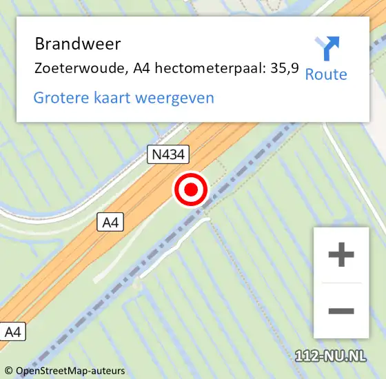 Locatie op kaart van de 112 melding: Brandweer Zoeterwoude, A4 hectometerpaal: 35,9 op 7 november 2021 20:06