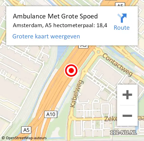 Locatie op kaart van de 112 melding: Ambulance Met Grote Spoed Naar Amsterdam, A5 hectometerpaal: 18,4 op 8 november 2021 01:16