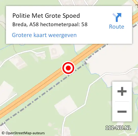 Locatie op kaart van de 112 melding: Politie Met Grote Spoed Naar Alphen-Chaam, A58 hectometerpaal: 58 op 8 november 2021 03:48