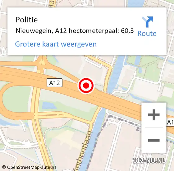 Locatie op kaart van de 112 melding: Politie Nieuwegein, A12 hectometerpaal: 60,3 op 8 november 2021 03:59