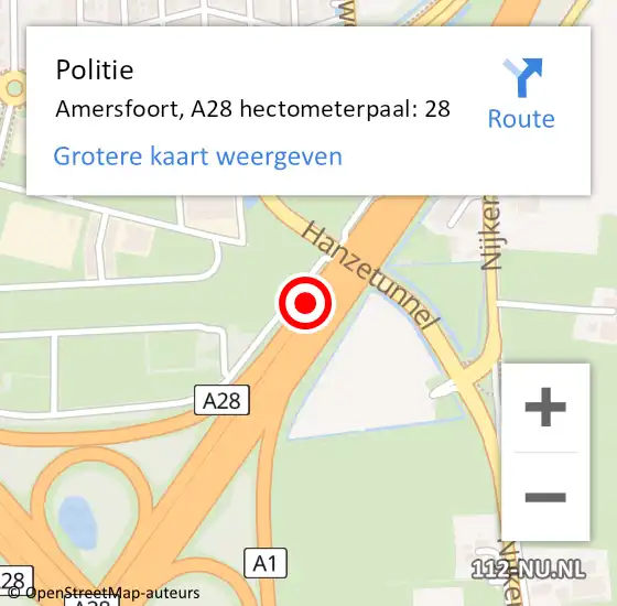 Locatie op kaart van de 112 melding: Politie Amersfoort, A28 hectometerpaal: 28 op 8 november 2021 07:35