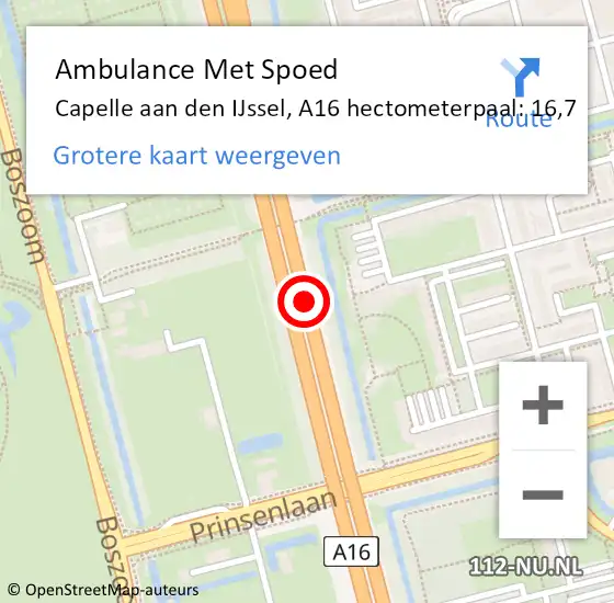 Locatie op kaart van de 112 melding: Ambulance Met Spoed Naar Rotterdam, A16 hectometerpaal: 16,7 op 8 november 2021 08:53