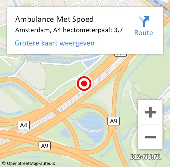 Locatie op kaart van de 112 melding: Ambulance Met Spoed Naar Amsterdam, A4 hectometerpaal: 3,7 op 8 november 2021 09:20